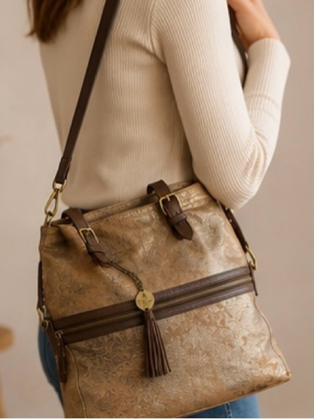 Crown Vintage Genuine Leather Metallic Bronze Convertible Tote Crossbody Bag